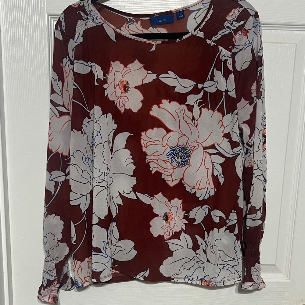 Apt. 9 Burgundy and White Floral Blouse